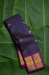 Deep purple gold zari border detail on royal blue and magenta Rettapet Kanchipuram silk saree