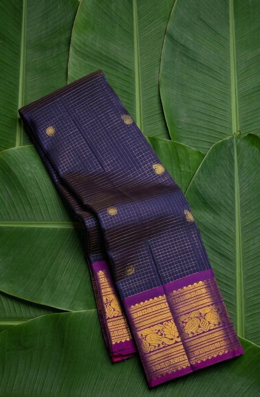 Deep purple gold zari border detail on royal blue and magenta Rettapet Kanchipuram silk saree