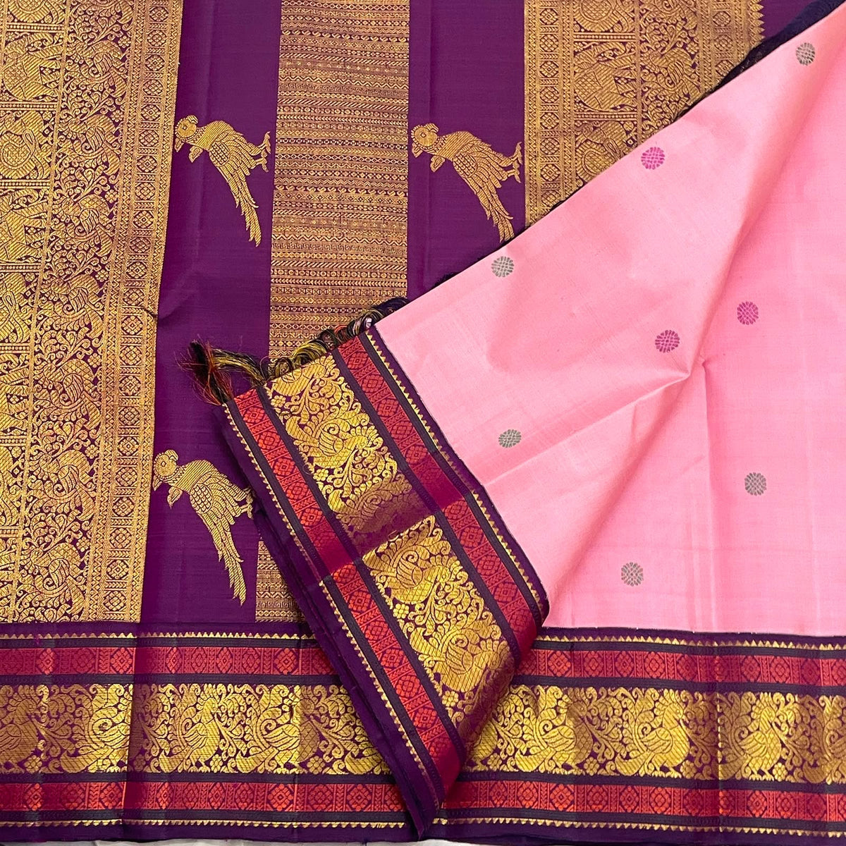 Korvai Kanchipuram saree handwoven for 33 days with silk thread buttas