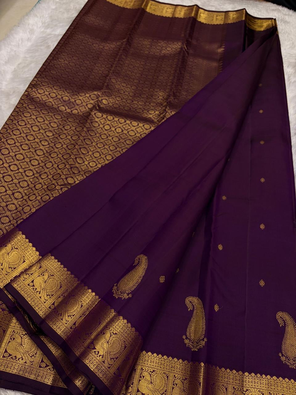 Deep Aubergine Purple pure mulberry silk saree with spaced gold buttas and large paisley motifs