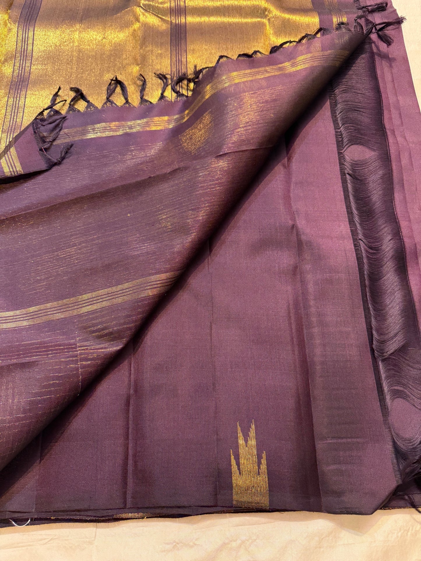 Deep Aubergine Purple-Brown Pure Silk Kanchi Pattu Ettukol Saree - front view