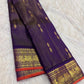 Deep Purple Handwoven Pure Silk Kanjeevaram Oosi Zari Kattam Saree with Classic Gold Zari Border