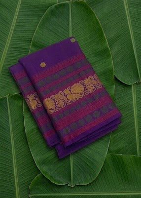 Deep purple handwoven Kanjeevaram pure silk saree with kamalam butta and multi-colour pattupet border — Idam Living
