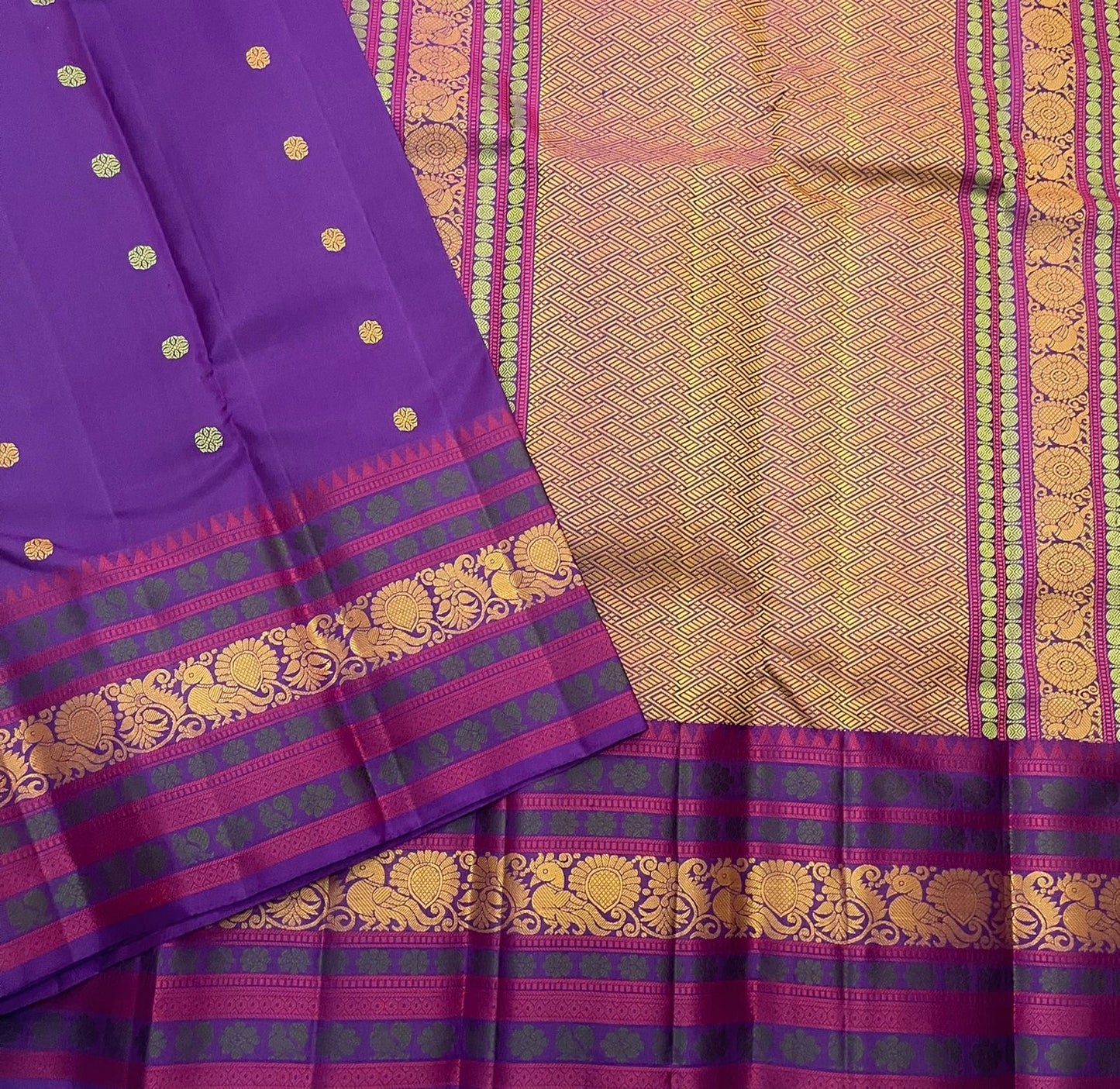 Rich multi-colour pattupet pallu in gold zari on deep purple Kanjeevaram silk saree — Idam Living