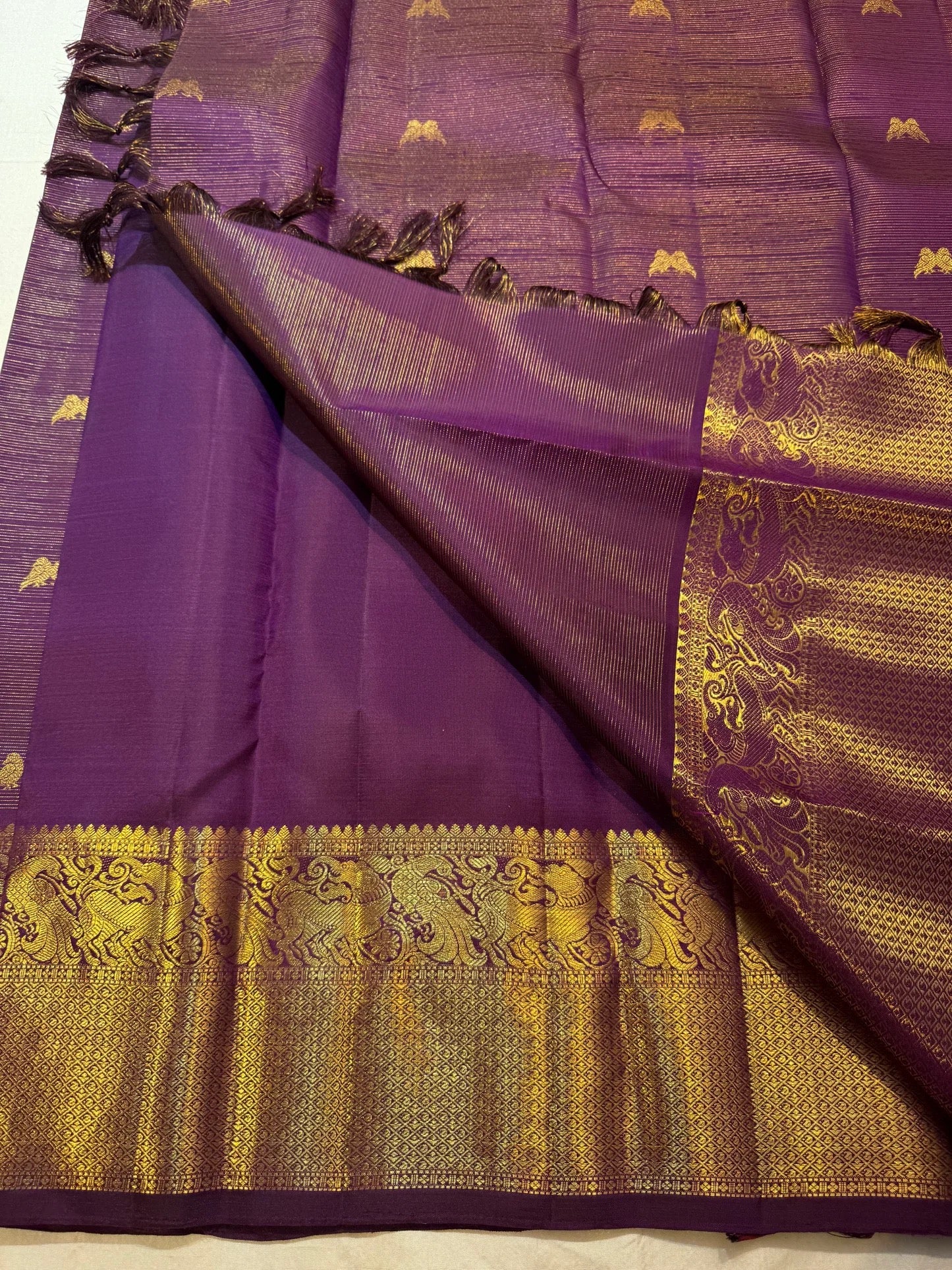Royal Violet Handwoven Pure Silk Kanjeevaram Vairaoosi Saree with Gold Zari Buttas