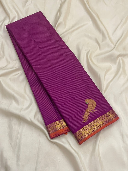 Deep Violet Handwoven Pure Silk Kanjivaram Vairaoosi Saree with Peacock Motif