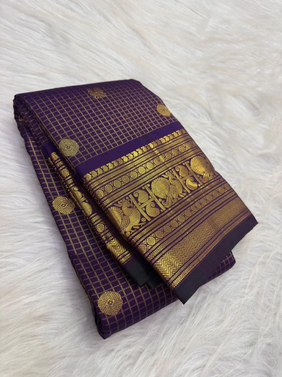 Deep purple Kancheepuram Zari Kattam peacock saree