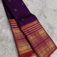 Close view of Varisaipet body showing Mayil Butta in gold zari on deep purple silk