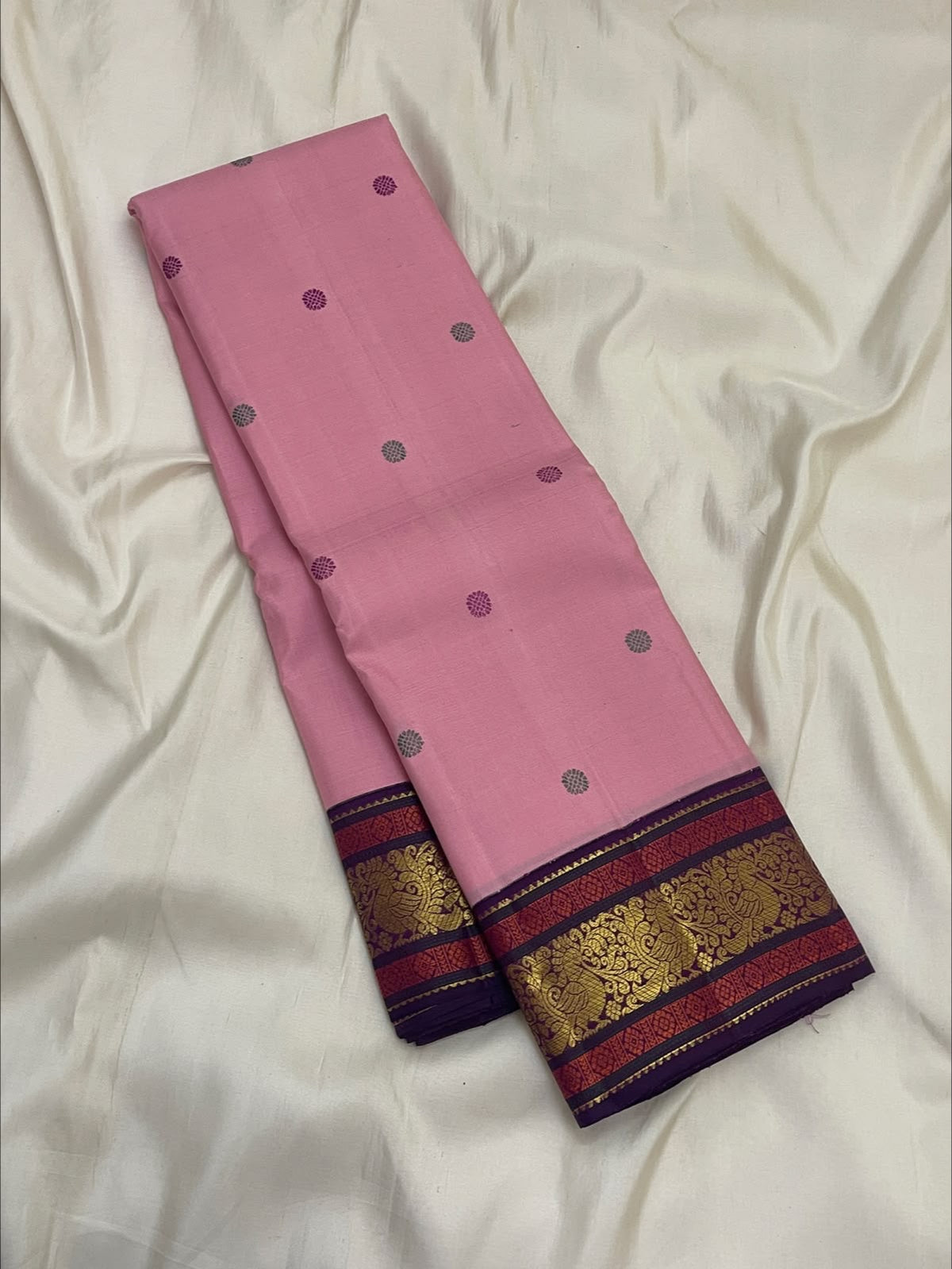 Deep Purple Korvai border with peacock motifs in antique gold zari