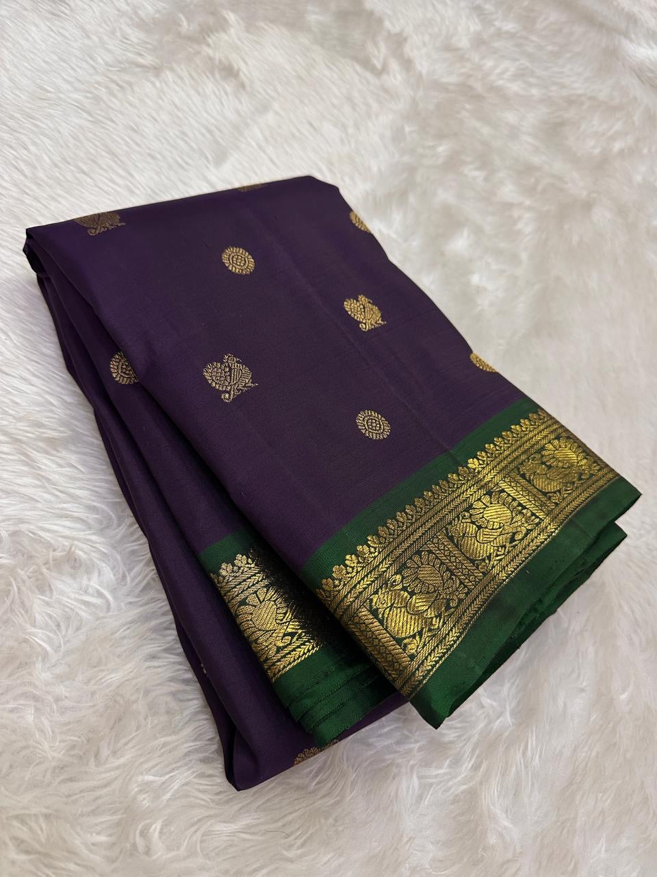 Deep Purple Pure Silk Kanchipuram Kai Korvai saree with Forest Green border