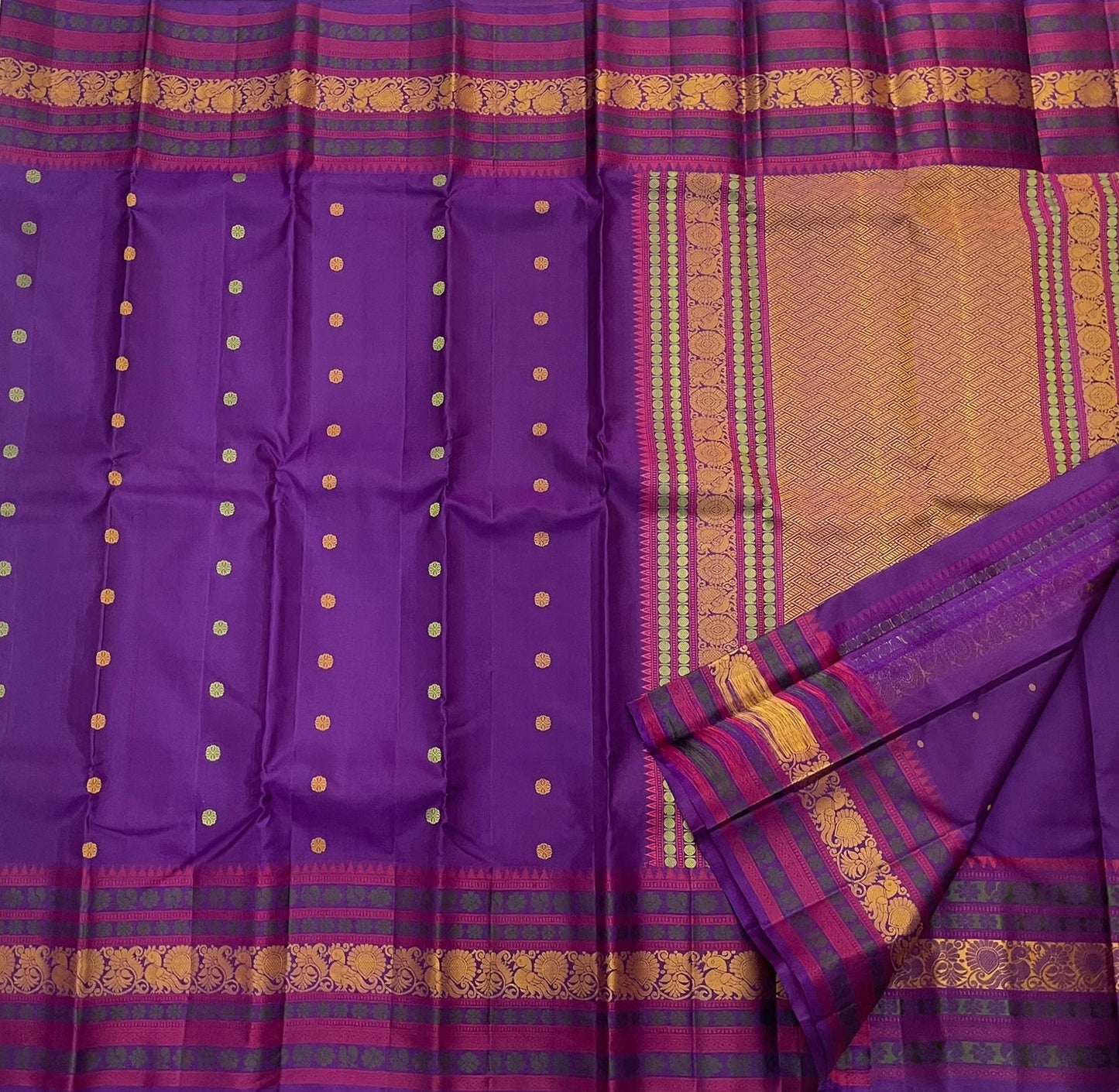 Crimson and teal pattupet border in gold zari on deep purple pure silk Kanchipuram saree — Idam Living
