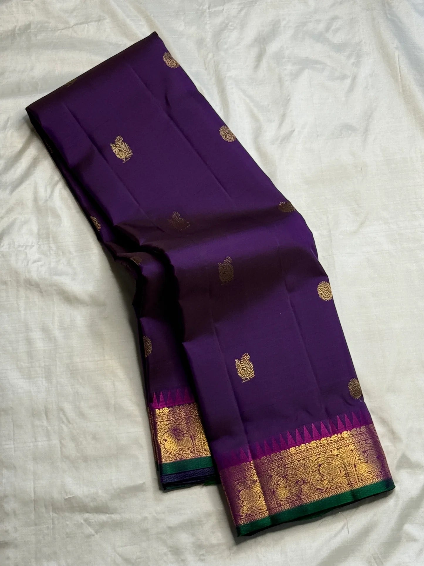 Rich gold zari vanasringaram pallu on deep purple handwoven Kanchipuram pure silk saree — Idam Living
