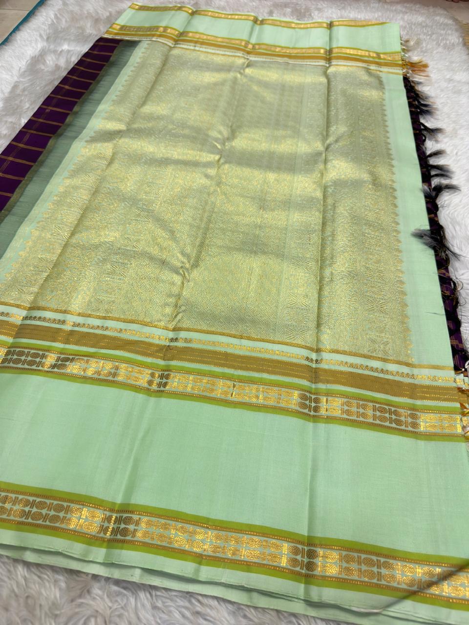 Pure Silk Kanchipuram Rettapet saree with exceptionally broad Deep Purple contrast border