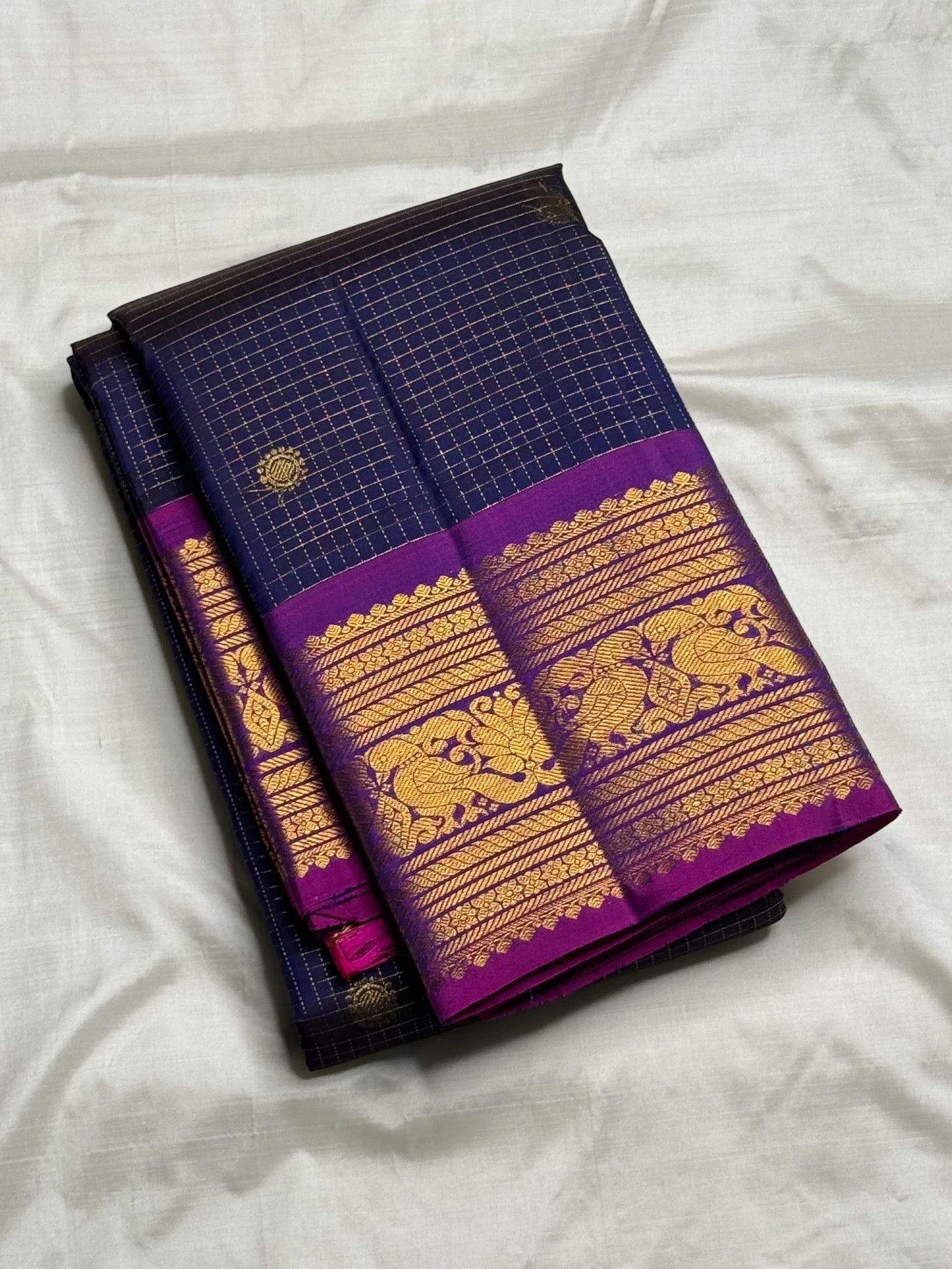 Royal Blue and Magenta Rettapet Kanchipuram Silk Saree with Kamalam and Mayil Butta