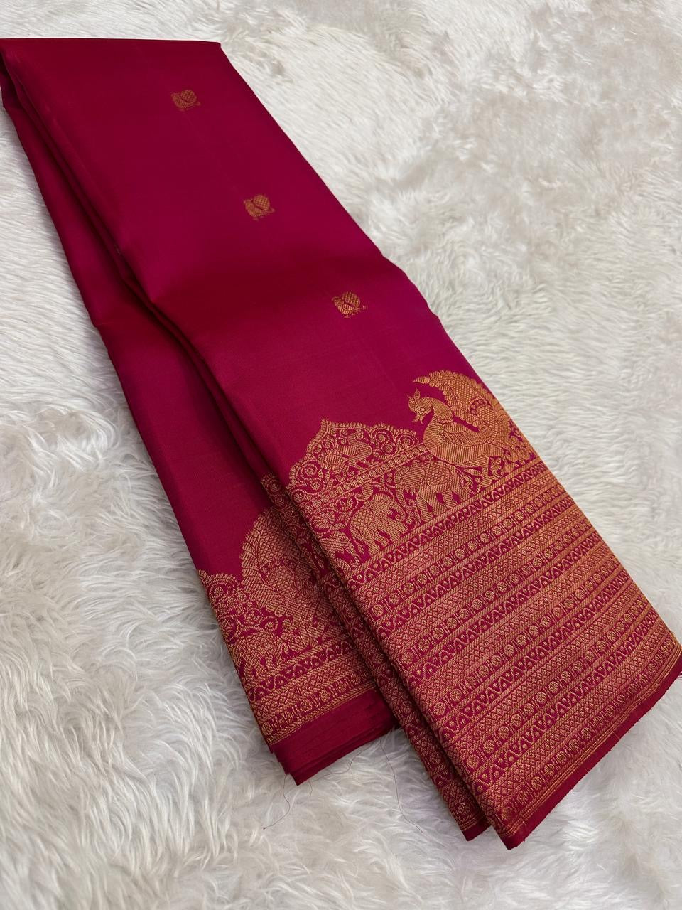 Deep Rani Pink handwoven pure silk Kanchipuram saree with floral butta motifs — full saree overview — Idam Living