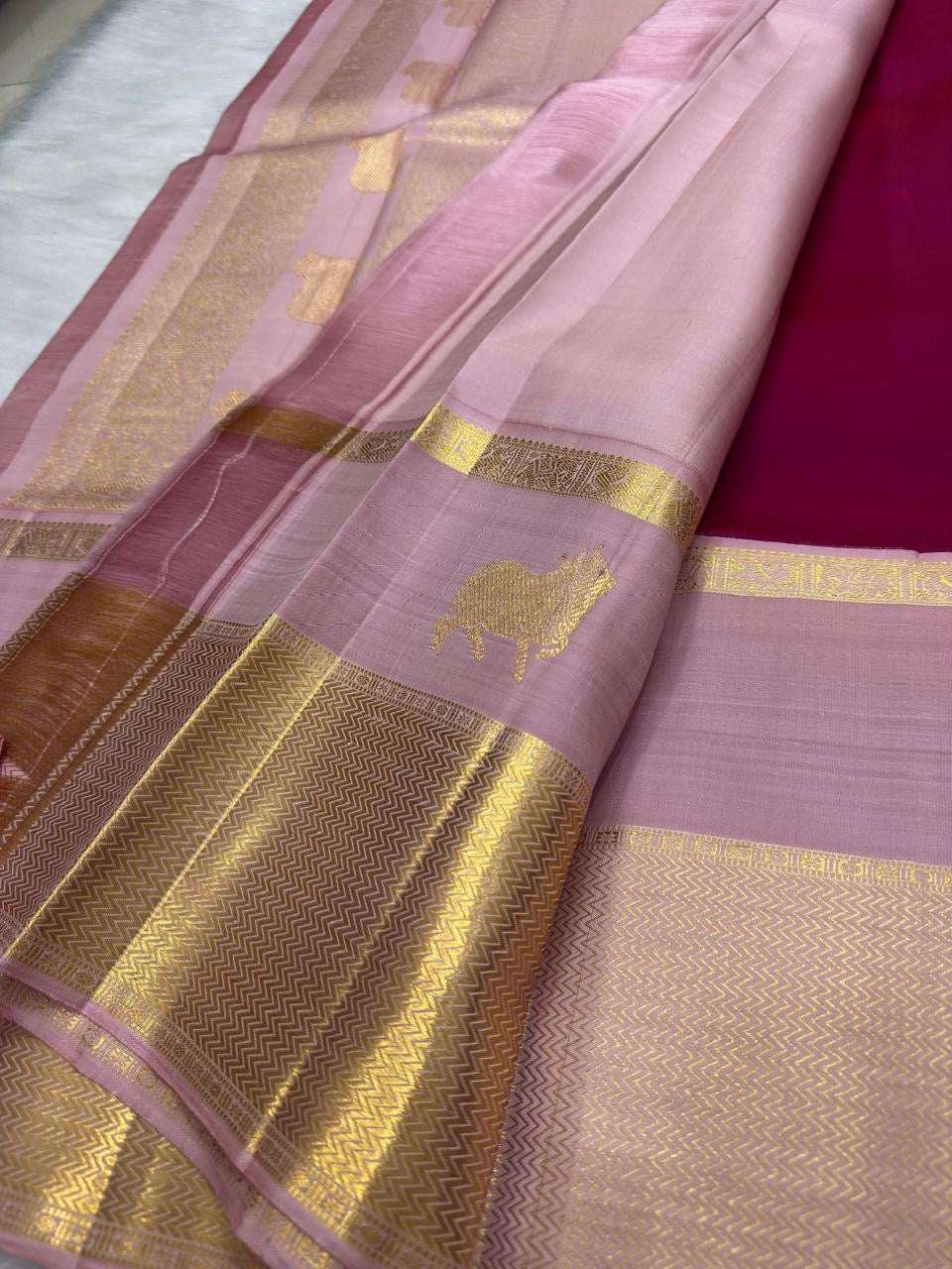 Deep Raspberry Pink Handwoven Pure Silk Kanjeevaram Korvai Saree with Blush Pink Gold Zari Border