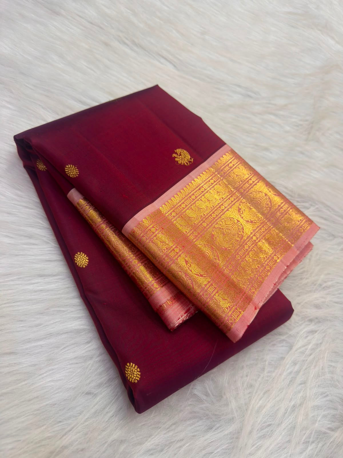 Deep raspberry maroon pure silk KanchiPattu Butta saree, full drape