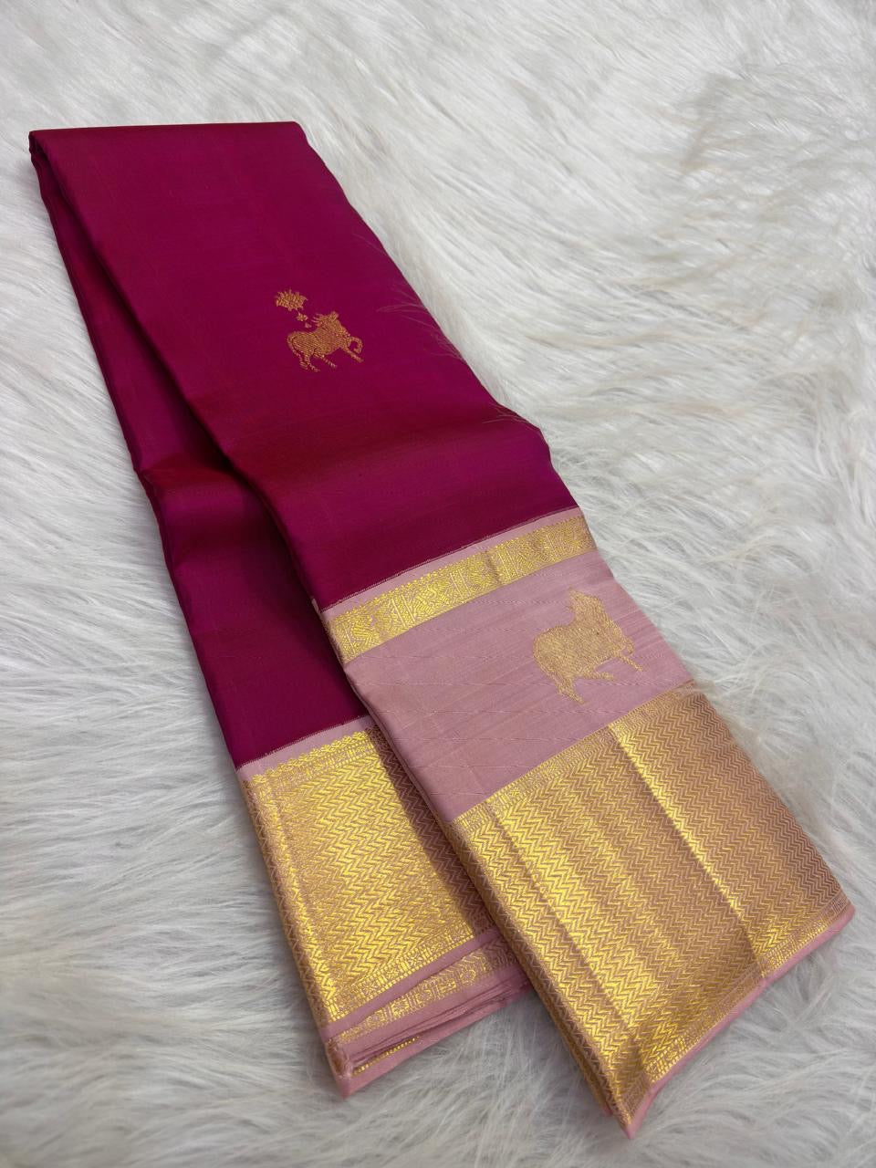 Deep Raspberry Pink Handwoven Pure Silk Kanjeevaram Korvai Saree with Blush Pink Gold Zari Border