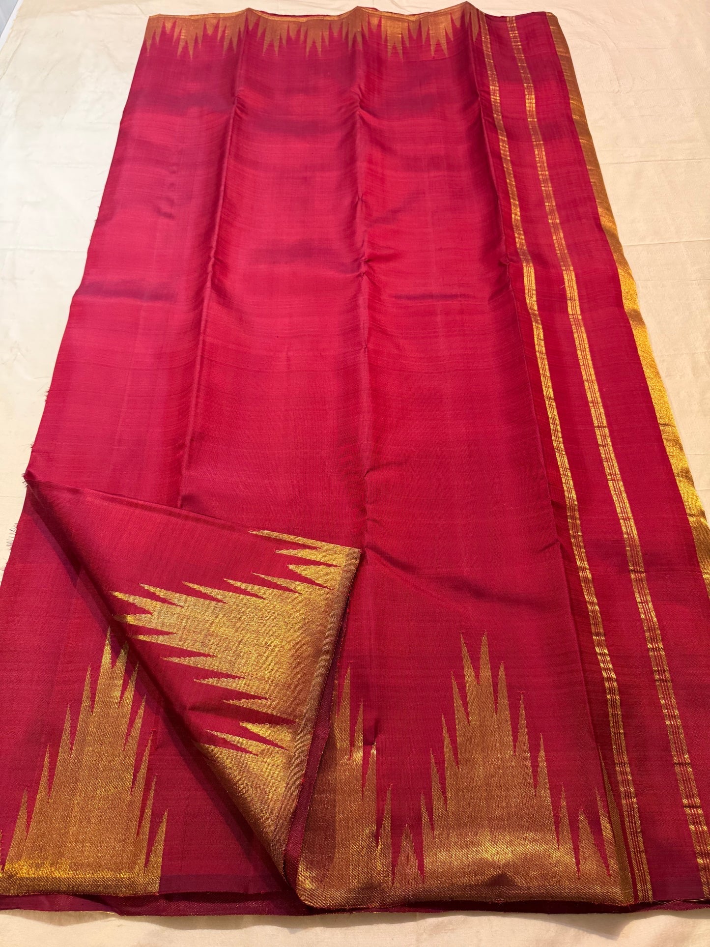 Deep Raspberry Pinkish Red Pure Silk Kanjeevaram Ettukol Saree - draped hero view