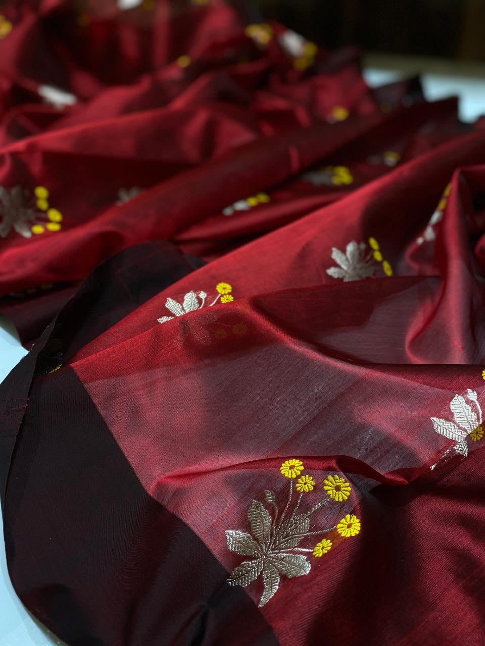 Deep red Chanderi saree with floral buttas