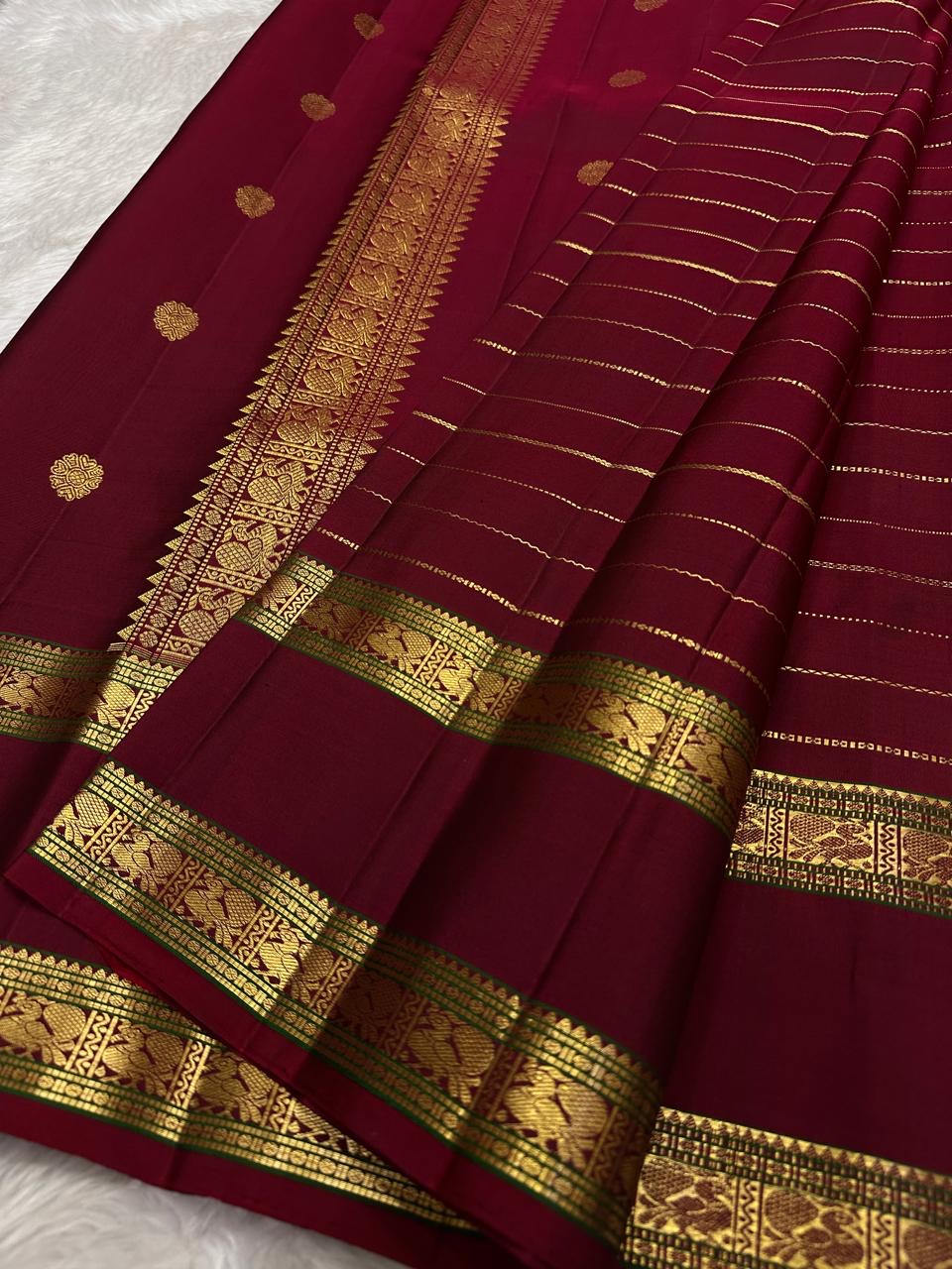 traditional tested zari detail on deep red Kanchipuram silk saree