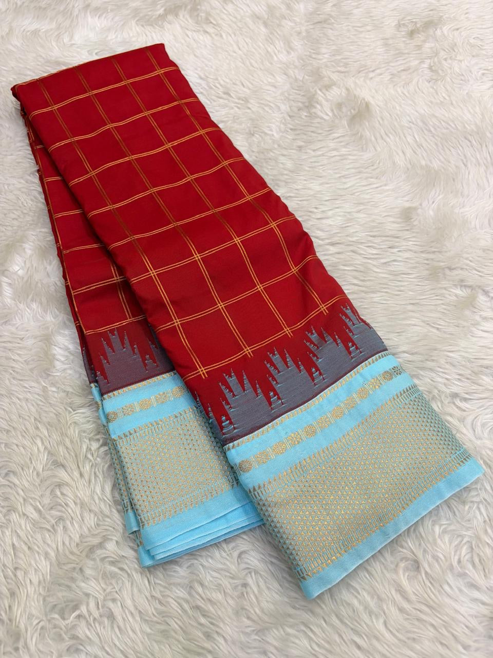 Deep red lightweight Kanjivaram silk saree, full view