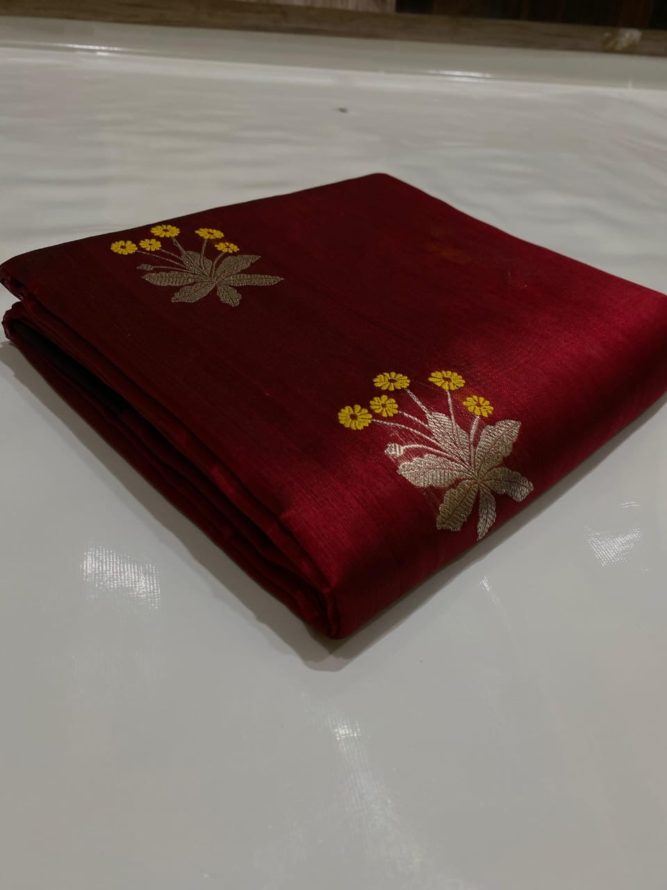 Deep red Pattu Silk Chanderi handloom saree