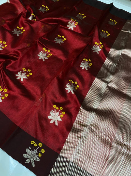 Deep red Chanderi saree with silver and yellow floral buttas