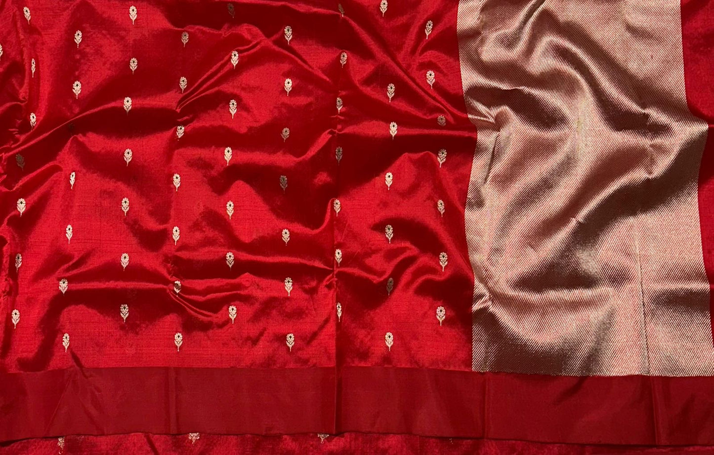 Deep Red Handwoven Pure Silk Pattu Chanderi Saree with Gold Kalka Butti and Zari Pallu