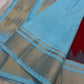Deep red saree with powder blue and gold border in pure silk
