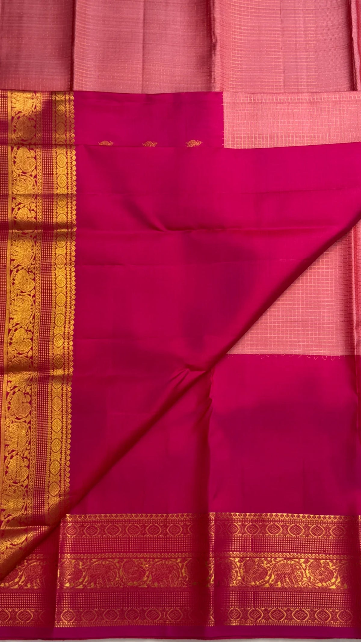 Lotus rose and rani pink butta pure silk Kanjeevaram saree with gold elephant border – view 2