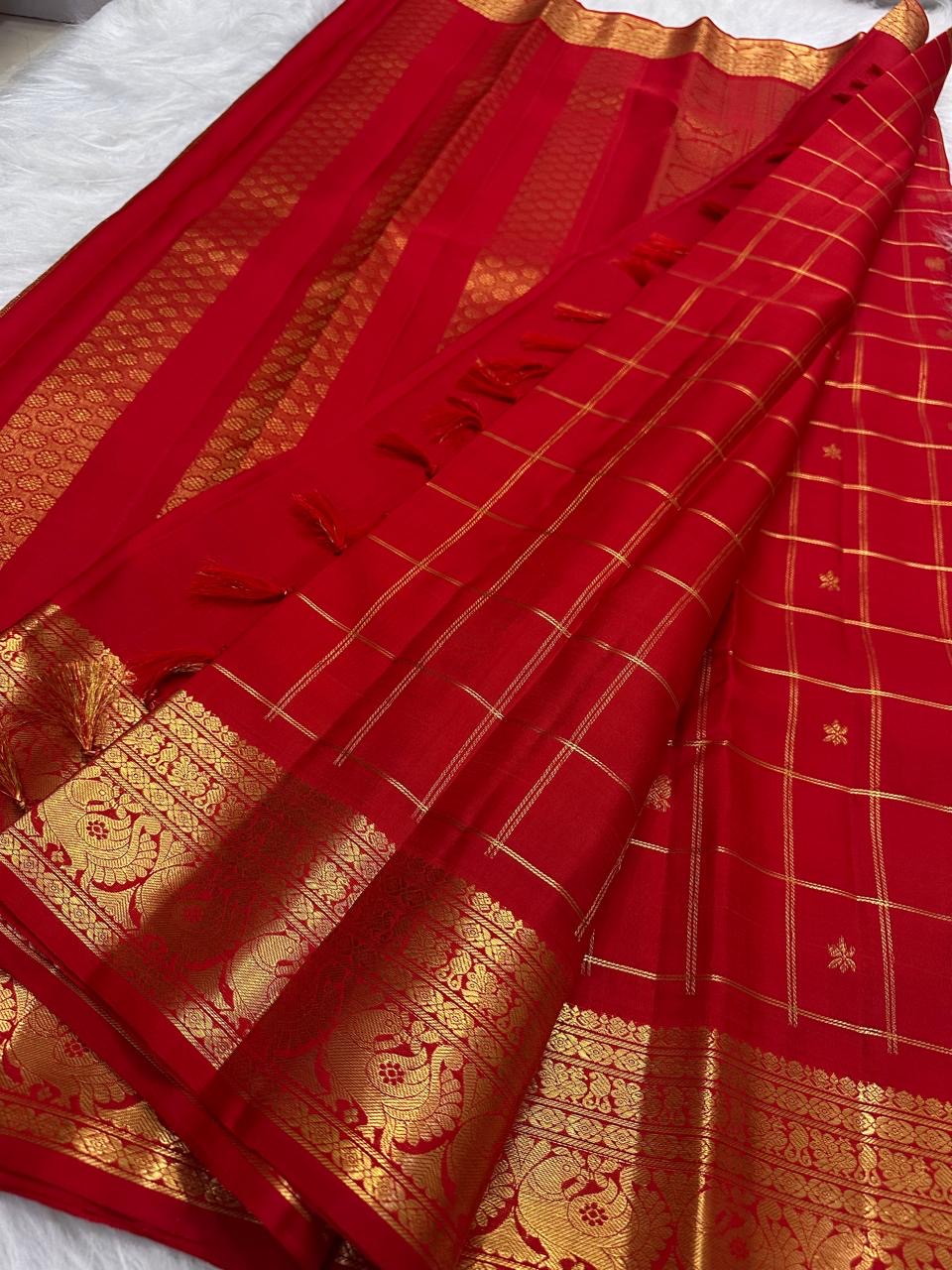 Deep Pomegranate Red Handwoven Pure Silk Kanjipuram Saree with Zari Kattam Checks and Rich Gold Peacock Border
