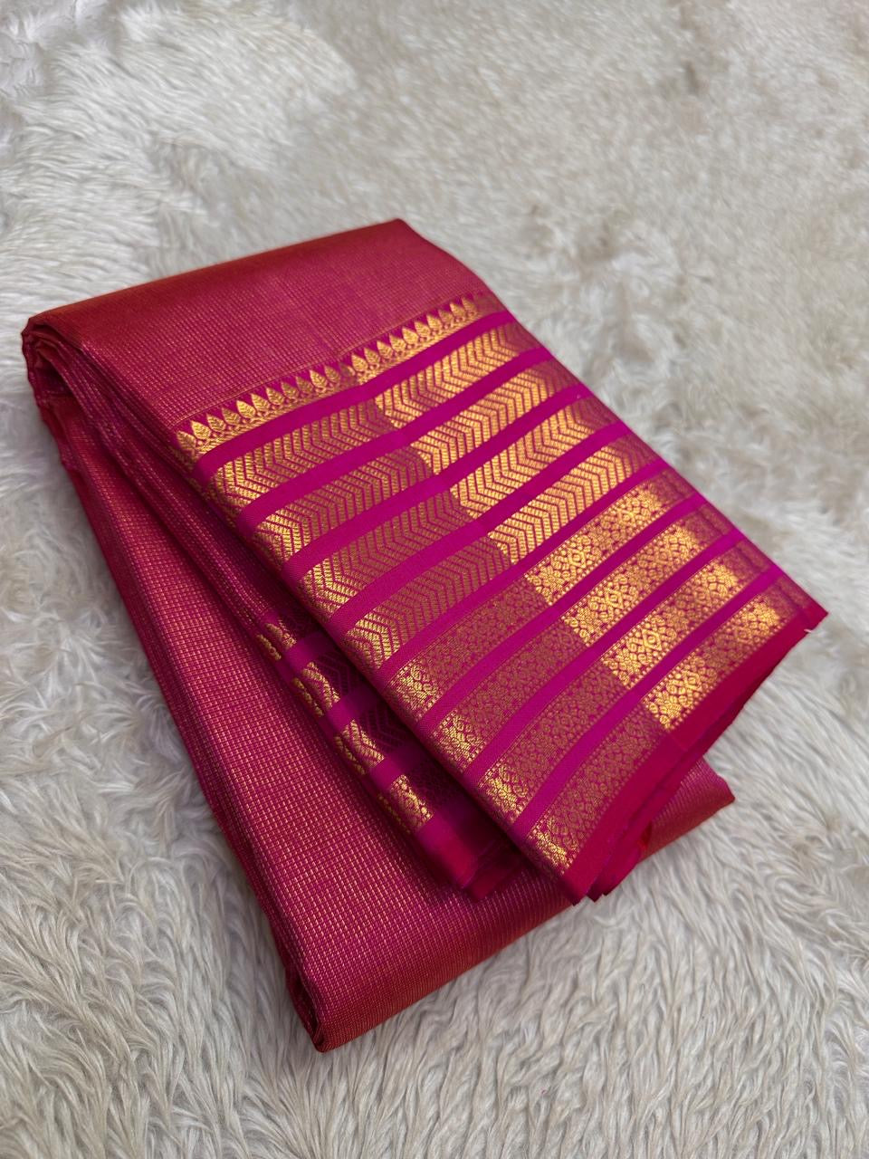 Rani Pink pure silk Kanchipuram Varisaipet saree, full drape — Idam Living