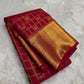 Folded view of deep rose red pure silk Kanchipuram saree with Zari Kattam Gandaberunda Butta