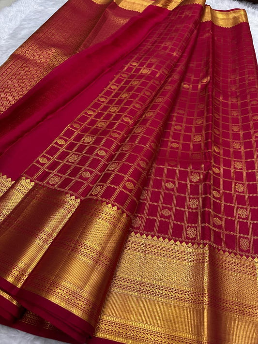 Deep rose red handwoven pure silk Kanchipuram saree with Zari Kattam Gandaberunda Butta and Varisaipet border — Idam Living