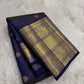 Deep royal blue Kanchipuram silk saree with Zari Kattam weave and Yazhi border and Kili pallu — Idam Living