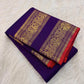 Deep Royal Violet Handwoven Pure Silk Kanchipuram Saree with Rettapet Mayil Zari Border and Orange-Red Selvedge