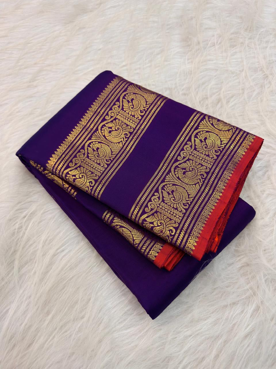 Deep Royal Violet Handwoven Pure Silk Kanchipuram Saree with Rettapet Mayil Zari Border and Orange-Red Selvedge