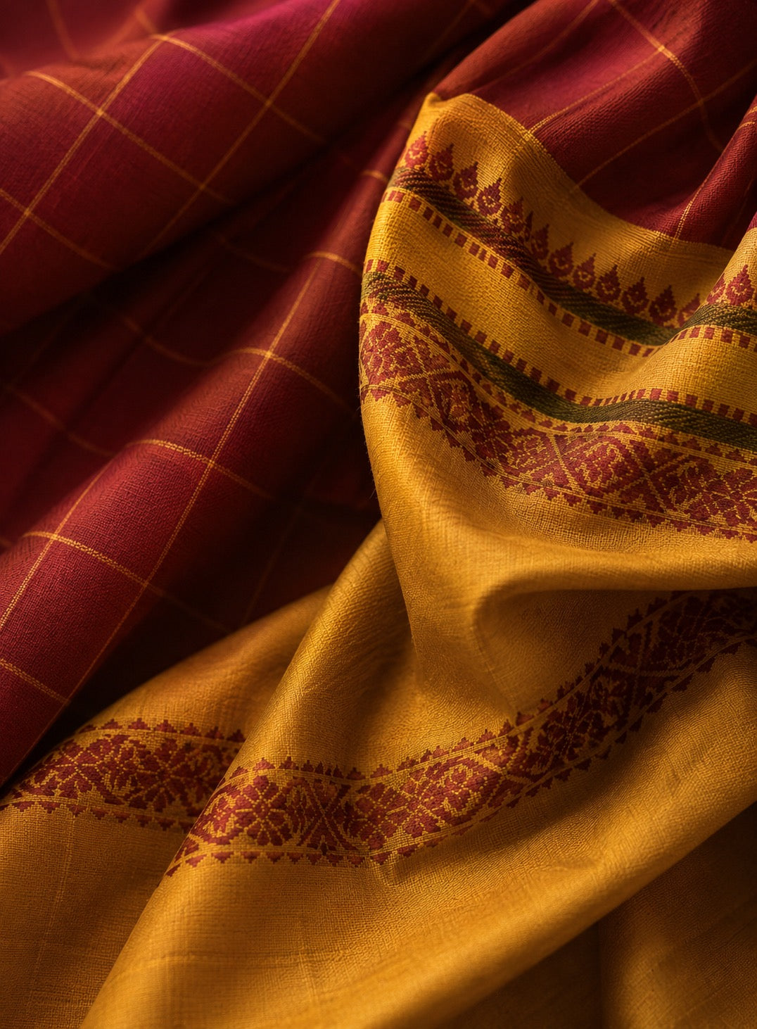 Handwoven Kanjivaram silk saree featuring antique mustard silk thread borders and Kanchi Kattam checks