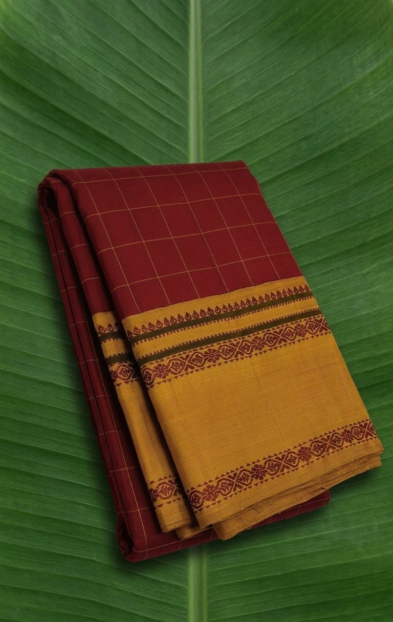 Deep sindoor crimson Kanchipuram silk saree with no zari silk thread woven rettapet border