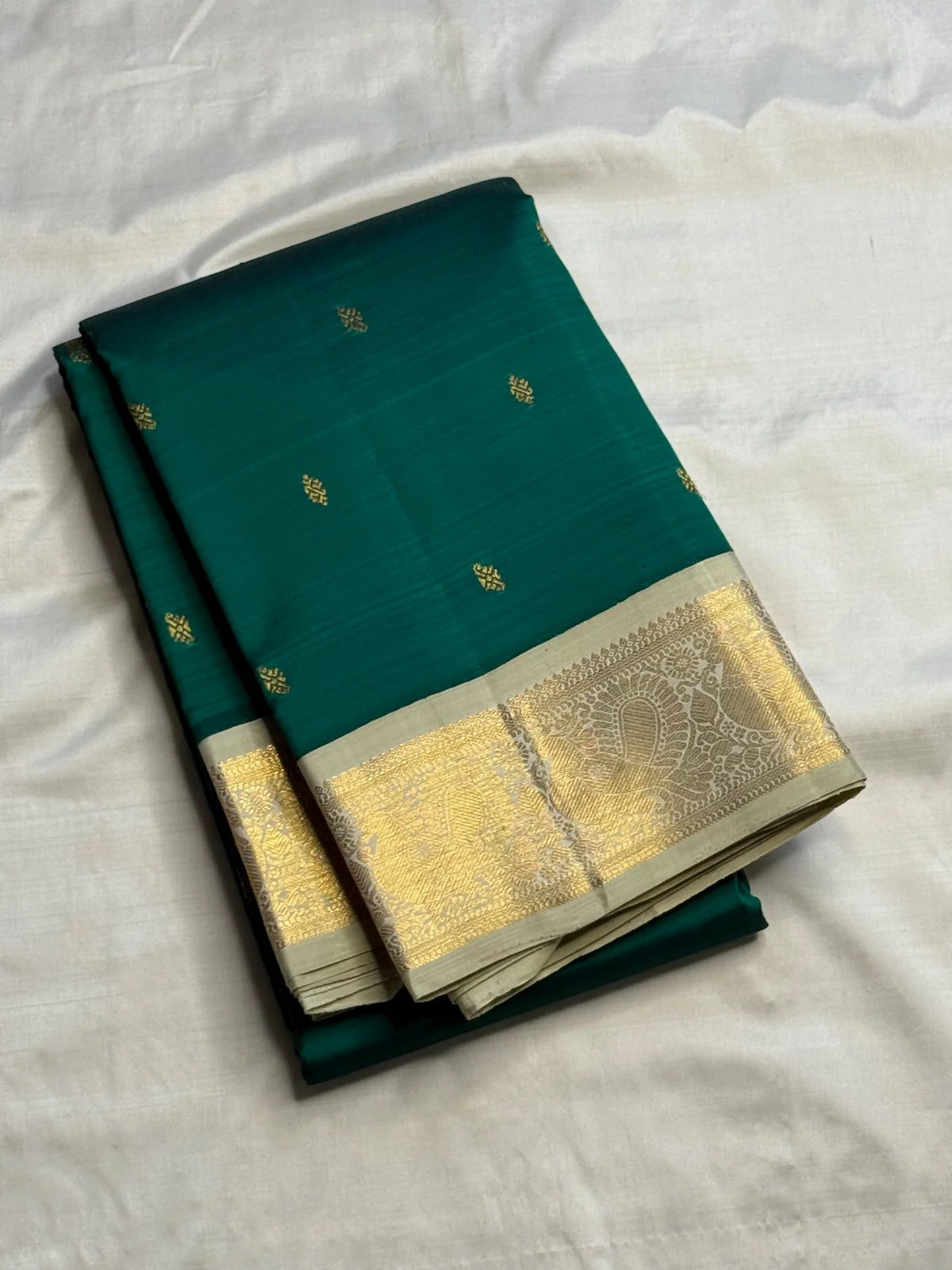 Deep Teal Green Korvai Kanjivaram silk saree full view