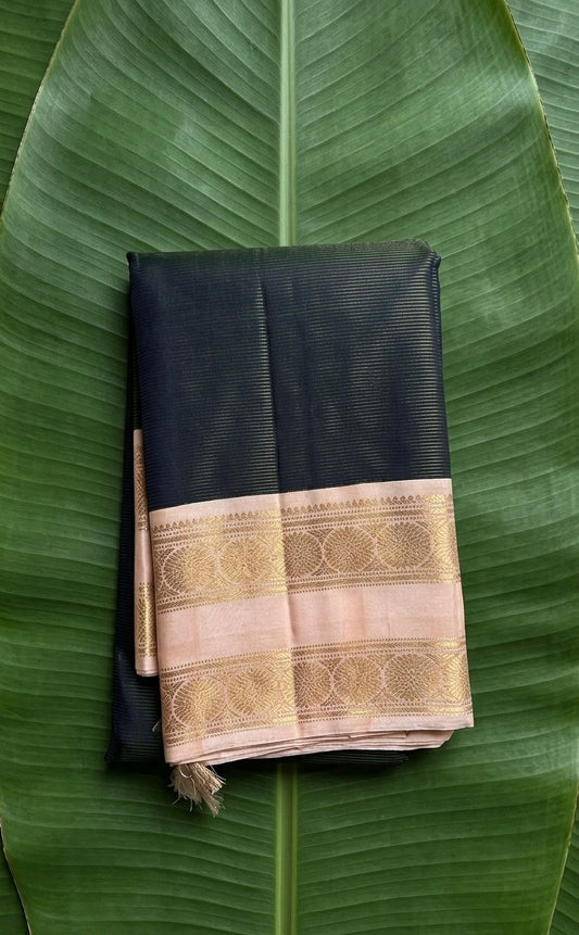 Deep teal green shot peacock blue Kanchipuram silk saree with blush pink rettapet zari border