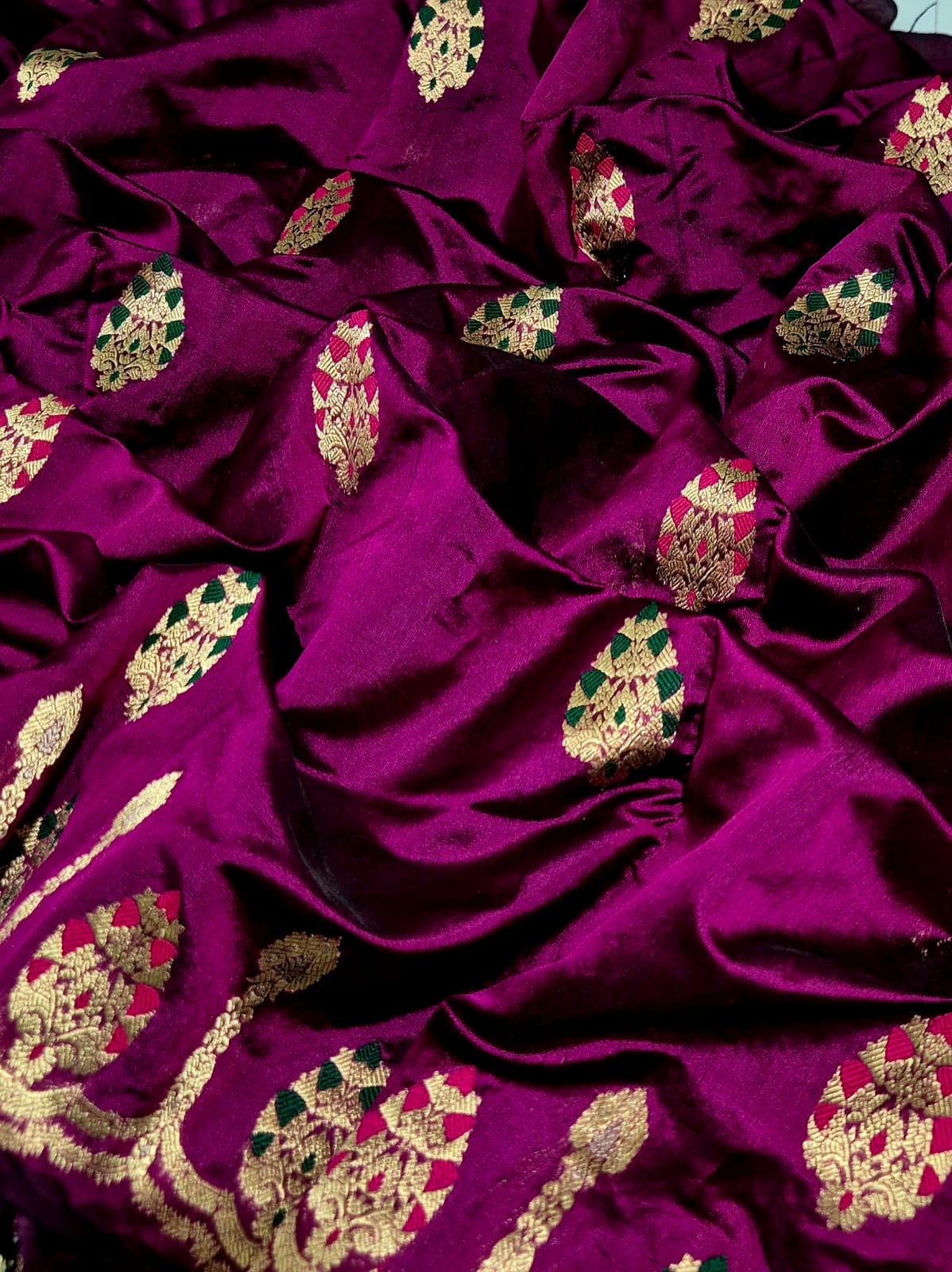 Deep Vadamalli purple handloom Pattu Silk Chanderi saree with gold woven motifs and green magenta accents