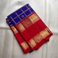 Jewel Blue and Deep Vermillion Handwoven Pure Silk Kanchipuram Saree with Veldhari Border and Zari Kattam