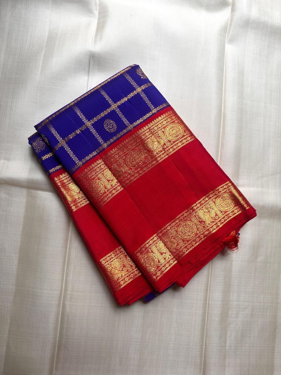 Jewel Blue and Deep Vermillion Handwoven Pure Silk Kanchipuram Saree with Veldhari Border and Zari Kattam