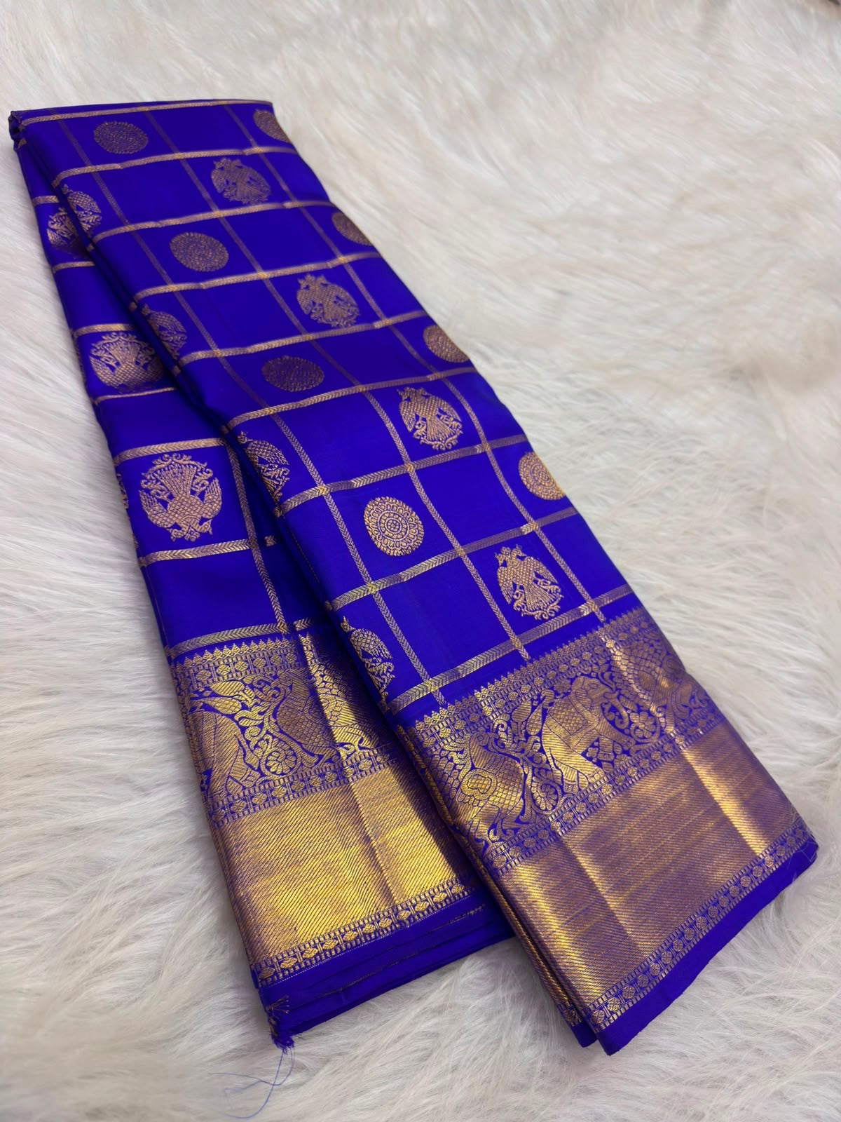 Deep Violet and blue Gandaberunda Zari Kattam Kanchipuram saree with antique gold border, full drape view.