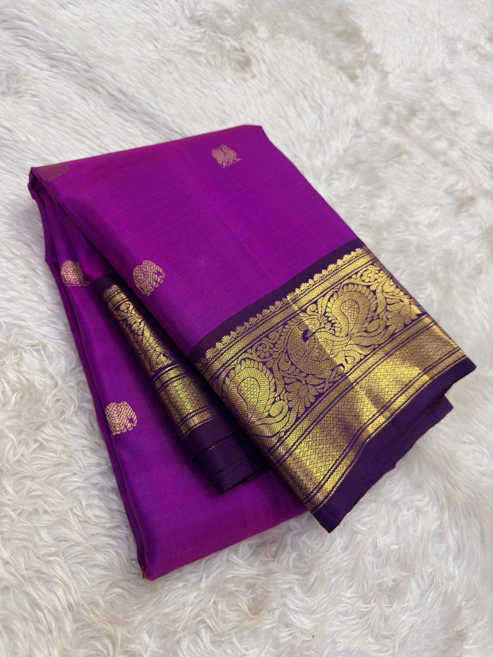 Deep violet border pure Kanchipuram silk saree – front display