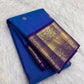 Peacock Blue Handwoven Pure Silk Kancheepuram Saree with Gold Buttas and Deep Violet Zari Border