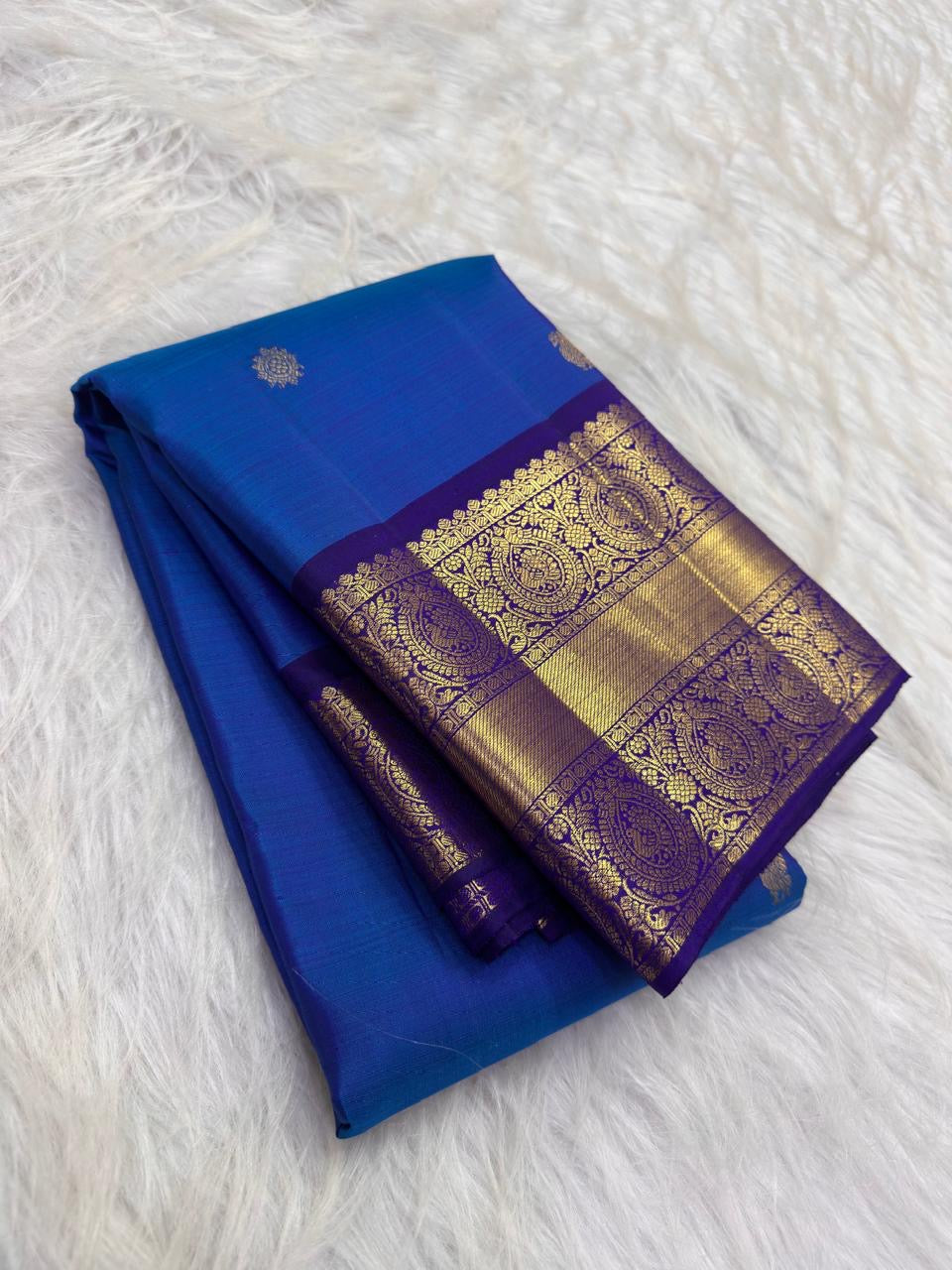 Peacock Blue Handwoven Pure Silk Kancheepuram Saree with Gold Buttas and Deep Violet Zari Border