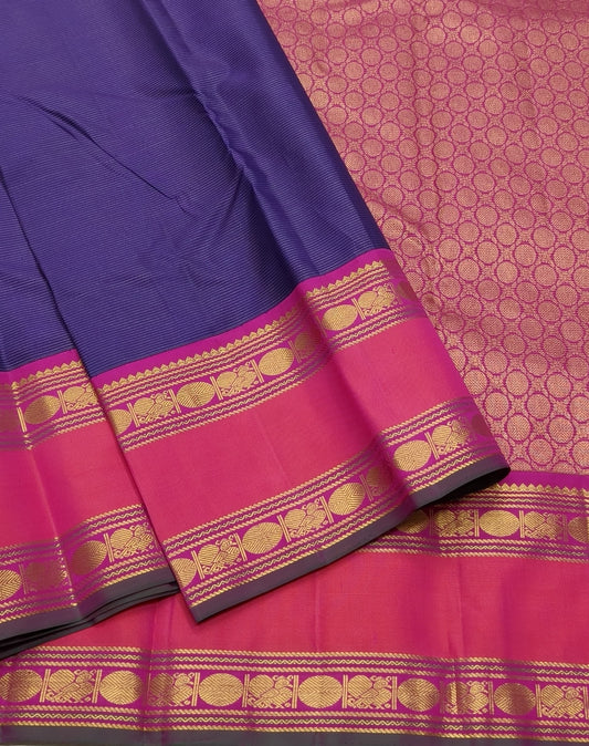 Deep Violet and Hot Pink Handwoven Pure Silk Kanjeevaram Saree with Rettapet Border